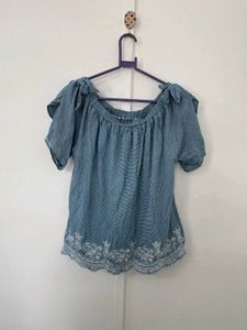 Blue Embroidered Off-Shoulder Top