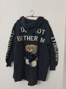 Cozy Grey Cardigan with Teddy Bear