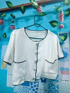 Chic White Cardigan with Black Trim