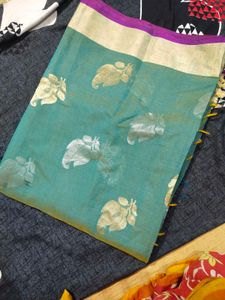 Teal Saree with Leaf Print