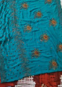 Teal Saree with Golden &amp; Pink Floral Embroidery