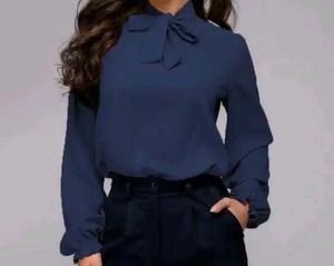 Navy Blue Bow Tie Blouse