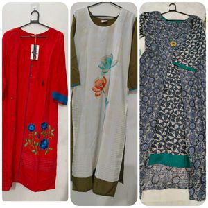Set of 3 Kurtis - Red, Floral, & Geometric Prints