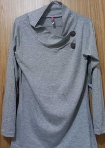 Grey Cowl Neck Top with Button