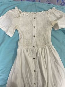 White Offshoulder Beach Dress with Buttons