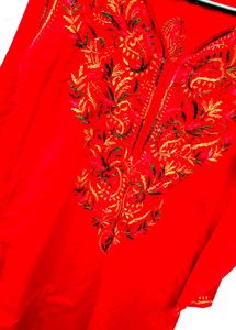 Handwork Chikenkari Red Embroidered Kurta