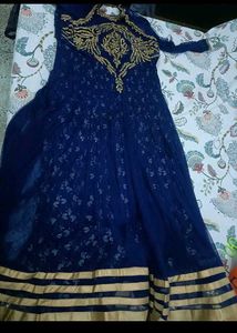 Elegant Blue Ethnic Gown with Gold Embroidery