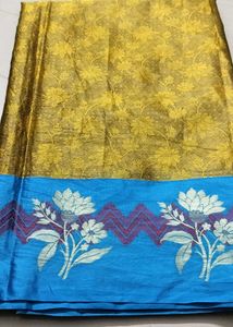 Unused Golden Colour Saree With Blue Border