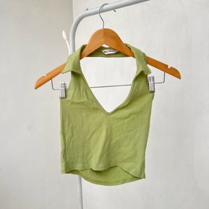 Green Sleeveless Polo Crop Top