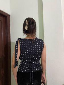 Polka Dot Tie-Shoulder Top