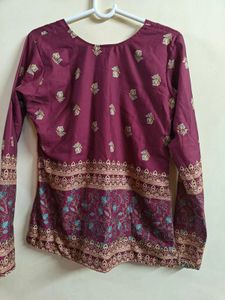 Maroon Jewish Cotton Printed Short Kurti