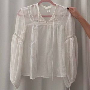 H&amp;M linen Elegant White Peasant Blouse