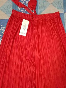 Red Pleated Wed Leg Sparkle Pants, Palazo