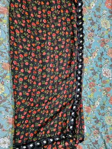 Floral Print Black Saree with red blouse