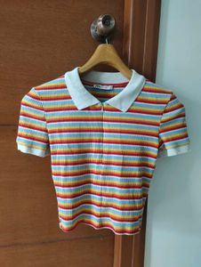Colourful Striped Short Sleeve Clollared Y2K Top🌈