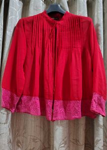 Red Pleated Blouse with Lace Hem