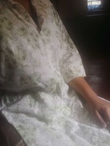 White And Green Hakoba Kurta With Lot Of Patterns