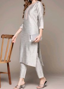 Ishin Grey Embroidered Kurta with Trousers