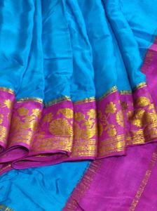Blue And Pink Pure Crepe Silk Saree