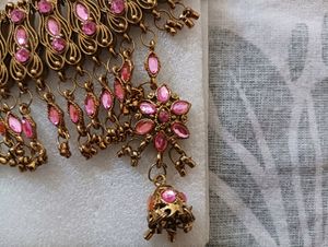 Pink Kundan Necklace Set With Earrings and Maang T