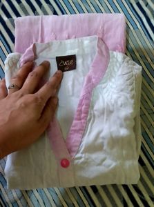 Pink &amp; White Embroidered Kurti Set