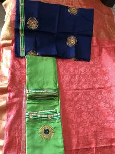 EmbroidarParrotGreen&amp;Blue LaceBorder PolySilk Sare