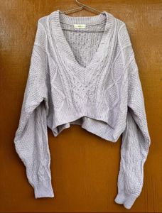 Lilac Cropped V neck Cable Knit Sweater