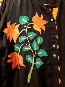 Beautiful Black Kurti With Green And Orange Flower Embroidery