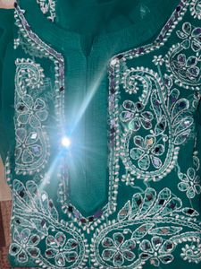 Teal Chikankari Kurti with Mirror Work