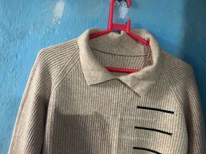 Beige Ribbed Knit Sweater