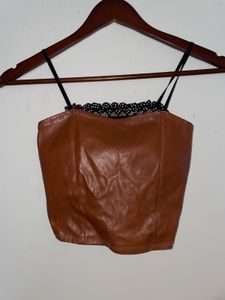 Brown Leather Lace Trim Top