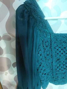 Dark Green Embroidered Top For Casual Wear.