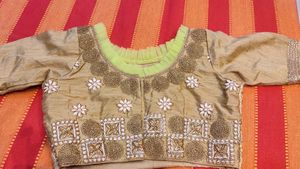 Golden Colour Blouse With Green Coloured Frill Det