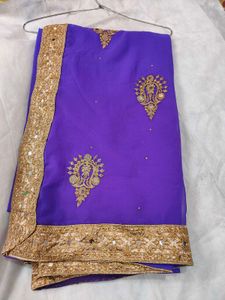 Beautiful Purple Saree With Mirror Work &amp; Blouse