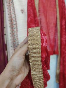 Embroidery Red Dupatta With Gold Zari Border