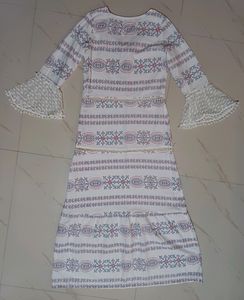 White Printed Bell Sleeves A- Line Dress