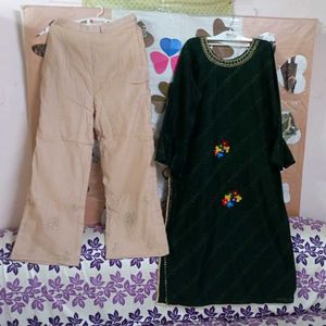 Green 💚 Beautiful Design Kurta With Cream Pant