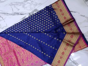 Royal blue saree with stiched blouse