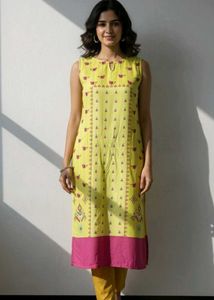 Bright Yellow Sleeveless Kurta | Abstract Print |