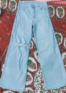 Wide Leg, Mid Rise, Light Blue, Ribbed Jeans