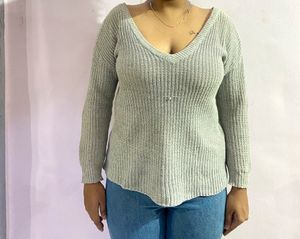Grey Deep Neck Knitted Top