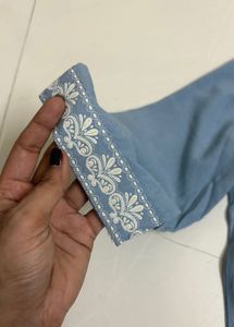 Powder Blue Printed Cotton Kurta