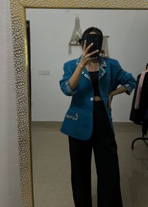 Aqua Blue Single Breasted Blazer with Sequins Bead