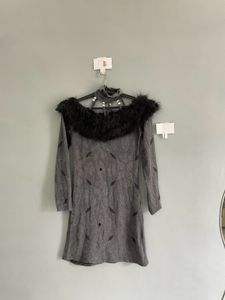 Gray Mini Dress with Faux Fur Collar