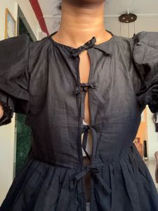 Black Puff Sleeve Tie Front Top| Korean Top