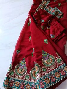 Green Embroidered Saree Maroon Embroidery Sare