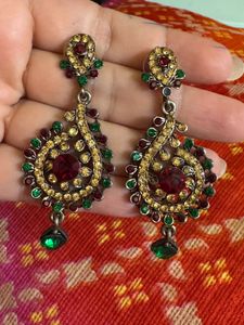 Ethnic Earrings Green Maroon Stones