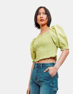 Olive Off-Shoulder Crop Top &amp; Jeans