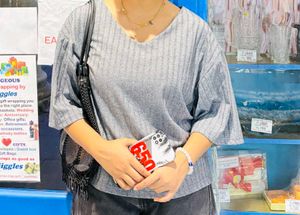 Gray Ribbed V-Neck Top
