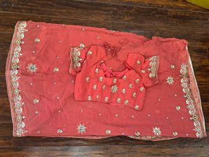 Coral Pink Embroidered Saree with Matching Blouse